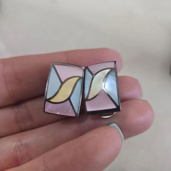 unbranded Jewelry - Vintage Sterling 925 Inlay Pastel Blue Pink Yellow Mother Of Pearl Earrings